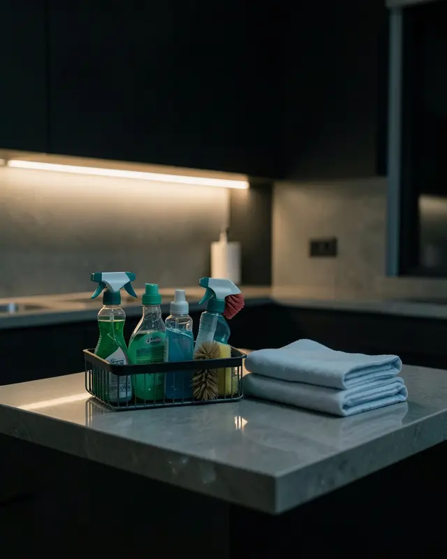 Cleaning supplies and folded cloths on a spotless kitchen counter