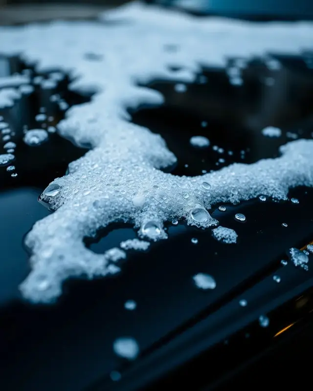 Snow foam sliding down glossy black car paint